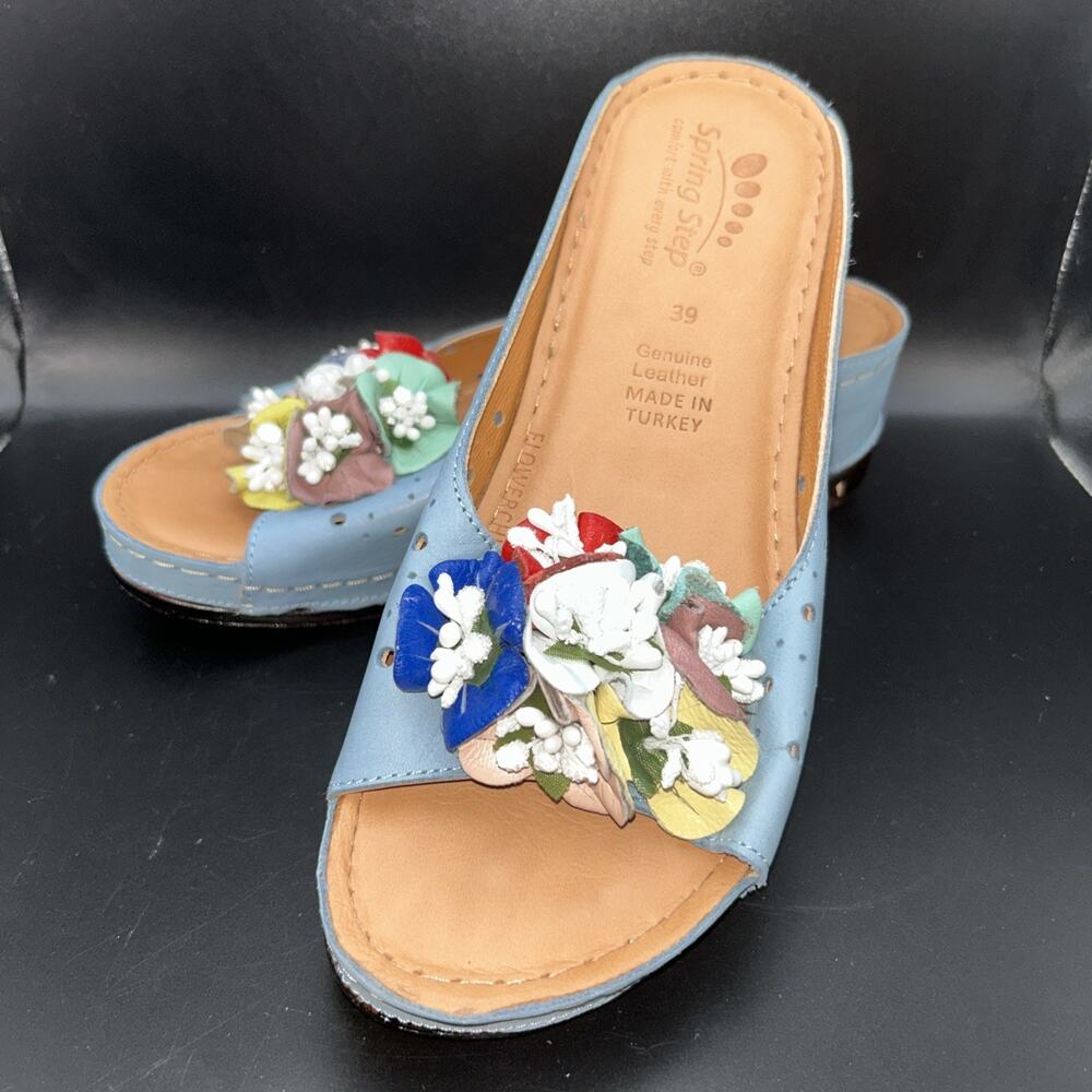 Spring Step Women's Flowerchild Slide Sandal Blue Leather Size 8.5